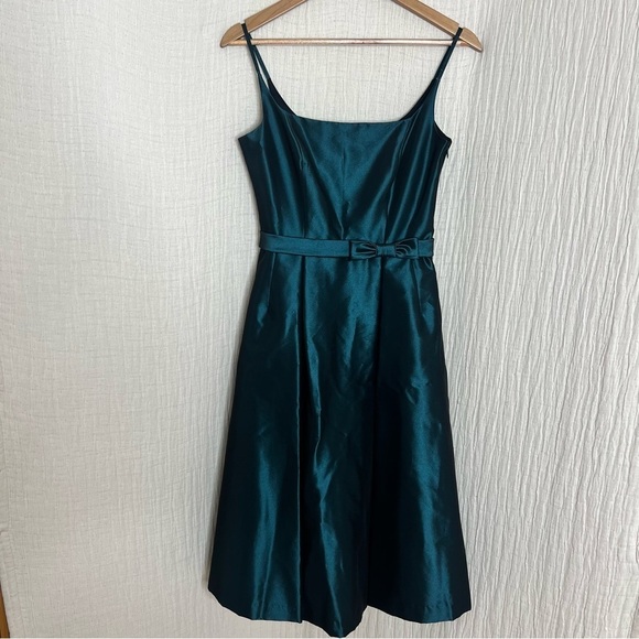 Maggy London Deep Teal Spaghetti Strap Fit-and-Flare Dress Bow Accent Size 2 - Picture 1 of 6